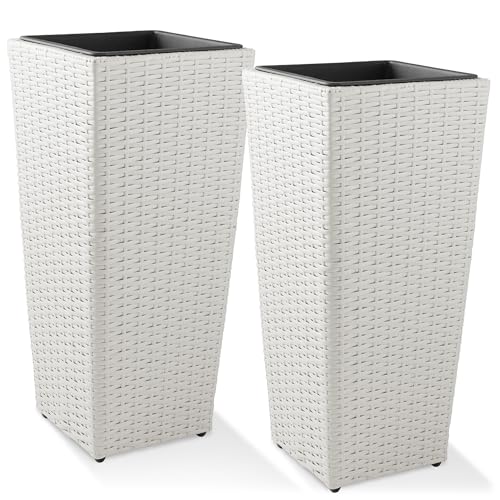 Casafield Set of 2 All-Weather Outdoor Planters with Liners, Tall Tapered Plant Boxes with Flower Pots for Front Porch, Patio, Garden - White - color: White