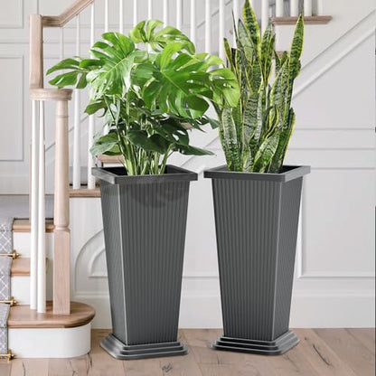 FENCY Set of 2 Tall Planters for Outdoor Plants, Gray Ribbed - color: Gray-square Ribbed