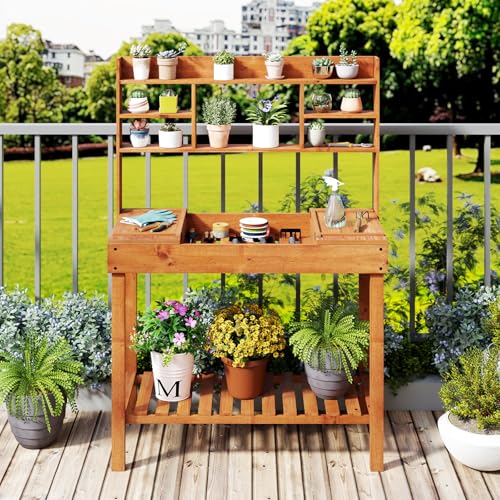 Happygrill Wooden Potting Bench Table, 61" Garden Workstation with Storage - color: Brown, size: 43" x 20" x 61"