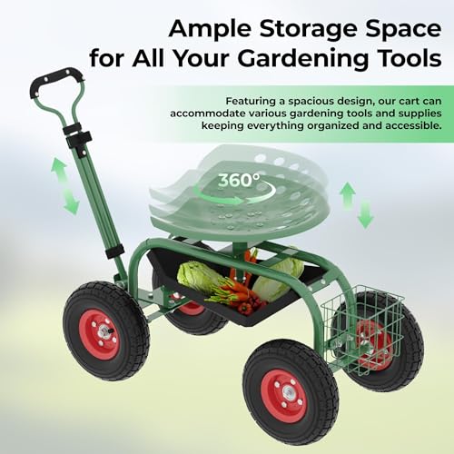 Gardening Cart with Wheeled Seat, Mobile Rolling Work Cart for Elderly
