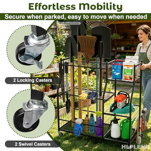Garden Tool Organizer with Wheels, Metal Rack for Long Handled Tools
