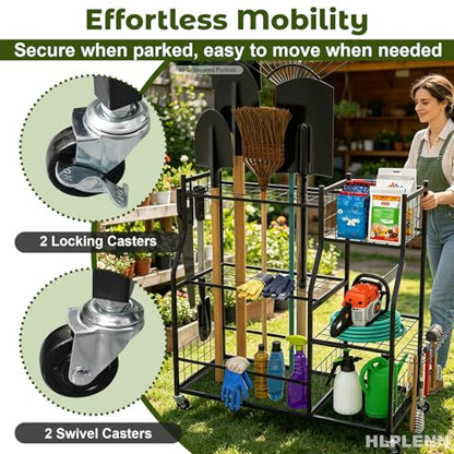 Garden Tool Organizer with Wheels, Metal Rack for Long Handled Tools