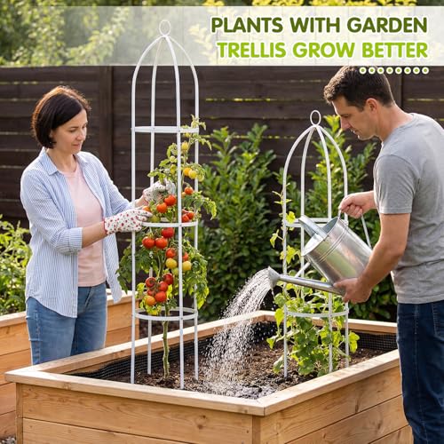 DoubleFill 3 Pack 6ft Metal Garden Obelisk Trellis for Climbing Plants Outdoor Heavy Duty Metal Plant Flower Round Obelisk Garden Trellis for Climbing Vines and Flower Stands(White)