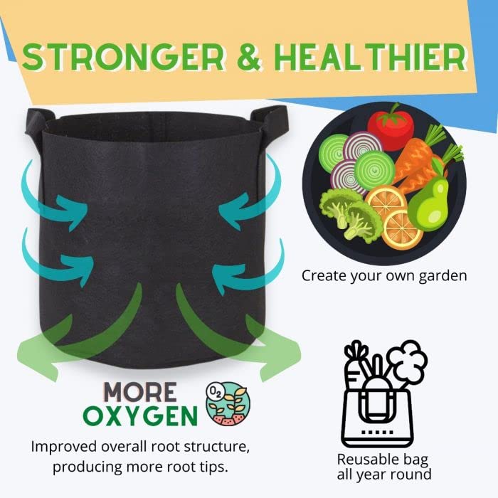247Garden 5-Pack 1-Gallon Aeration Fabric Pot/Plant Grow Bag w/Handles (260 GSM, Black, 6H x 7D) - color: Black, size: 1 Gallon
