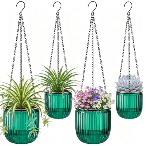Pumtus 4 Pack Self Watering Hanging Planters, 6.5'' & 4.5'' Plastic Indoor Outdoor Flower Pot, Round Basket with Drainage Hole & Detachable Chain, Succulent Plant Container for Patio Garden Home Decor