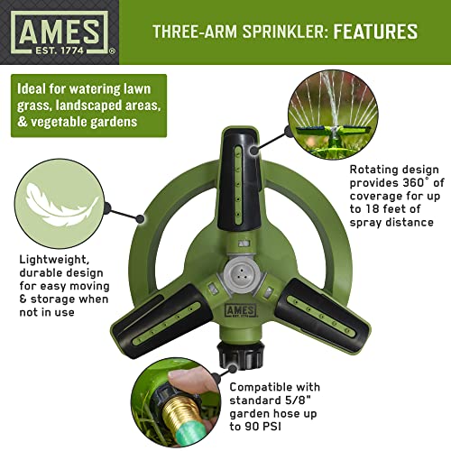 AMES (3) Piece Sprinkler & Sprayer Set with (1) Pulsating Spike Style, (1) 3 Arm Rotating Sprinkler and (1) 7-Pattern Spray Nozzle for Lawn, Garden or Yard, Watering, Adjustable, Easy Hose Connections - style: Spike Sprinkler