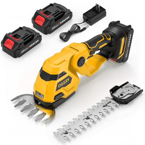 OGERY 21V Cordless Hedge Trimmer & Grass Shears, 2-in-1 Powerful Dual Batteries Electric Bush Trimmer with 8.9” Hedge Blade & 5.1” Grass Trimmer, Adjustable Angle, Lightweight for Garden & Lawn Care