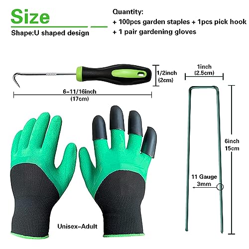 Bakulyor 100Pcs Green Landscape Staples 6 Inch Garden Artificial Turf Stakes Staples, 11 Gauge Lawn Galvanized Ground Fabric Pins for Weed Barrier Sod Decorations Holding Fence and Irrigation Tubing