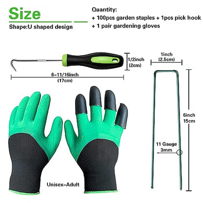 Bakulyor 100Pcs Green Landscape Staples 6 Inch Garden Artificial Turf Stakes Staples, 11 Gauge Lawn Galvanized Ground Fabric Pins for Weed Barrier Sod Decorations Holding Fence and Irrigation Tubing