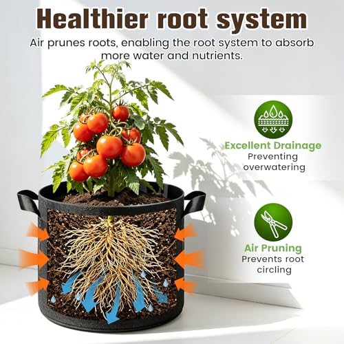 5-Pack 7 Gallon Grow Bags, Thickened Nonwoven Fabric Plant Pots with Handles, Heavy Duty 300G Garden Pots for Vegetables, Flowers and Fruit - color: Black, size: 7 Gallon