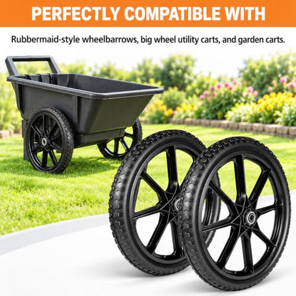20 Inch Flat Free Wheelbarrow Wheels & Tires, Garden Cart & Wagon, 2-Pack