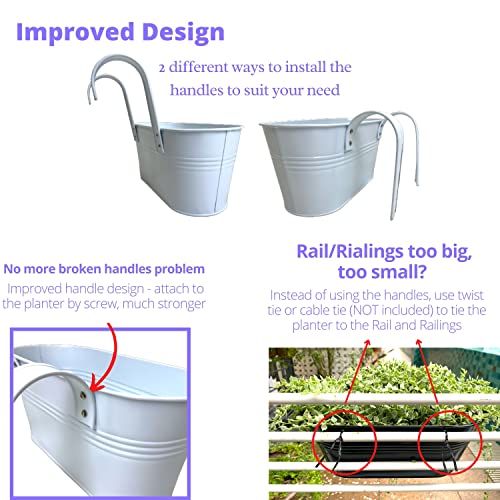 LaLaGreen Rail Planter (9.8 in, 2 Pack) White Metal Fence Deck Buckets - size: 9.8" (25 cm) x 2 Pack