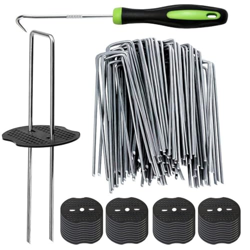 50Pcs Garden Stakes Staples + 50Pcs Gasket, 6 Inch Lawn Landscape Staples 11 Gauge U Shaped Galvanized Landscape Pins, Heavy Duty Yard Ground Pin for Weed Barrier Sod Fabric Decorations