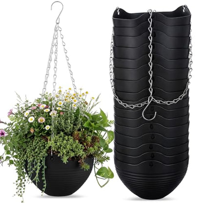 Zopeal 16 Pack Self Watering Hanging Planters 8 Inch Garden Flower Plant Pot Container with Drainer and Chain Round Hanging Pot Plant Basket for Indoor Outdoor Plants (Black) - color: Black