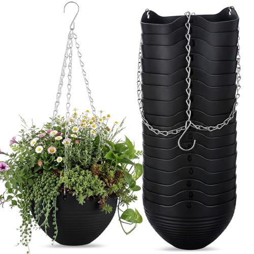 Zopeal 16 Pack Self Watering Hanging Planters 8 Inch Garden Flower Plant Pot Container with Drainer and Chain Round Hanging Pot Plant Basket for Indoor Outdoor Plants (Black) - color: Black
