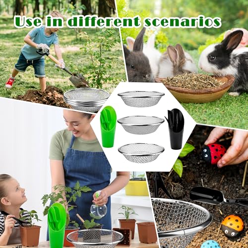 14 Pcs Soil Sifter for Gardening Stainless Steel Rock Sifter Including 3, 6, 10 mm Hole Puncher Planting Spoon Seedling Lifting Device Bucket to Catch Dirt Rocks Sawdust, 3 Sizes