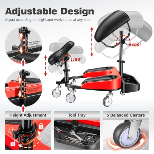 Kneeling Sitting Creeper with Chest Support, Rolling Knee Pads with Adjustable Seat & Tool Tray, 3-Inch Multi-Terrain Casters & Anti-Flip Protection for Tile Flooring, Auto Repair & Gardening