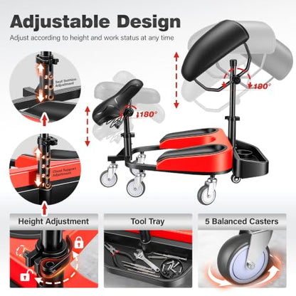 Kneeling Sitting Creeper with Chest Support, Rolling Knee Pads with Adjustable Seat & Tool Tray, 3-Inch Multi-Terrain Casters & Anti-Flip Protection for Tile Flooring, Auto Repair & Gardening