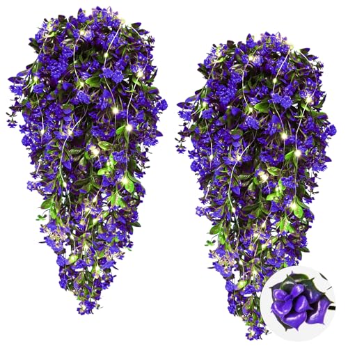 RECUTMS Artificial Hanging Flowers with 30 LED Fairy String Lights 2Pcs - color: Lights Purple-rose