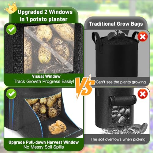 4 Pack Potato Grow Bags 10 Gallon with Harvest & Visible Window Thickened Garden Bags to Grow Vegetables with Handles & Metal Grommets for LST, Fabric Pots for Growing Carrots, Tomatoes, Onions