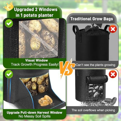 4 Pack Potato Grow Bags 10 Gallon with Harvest & Visible Window Thickened Garden Bags to Grow Vegetables with Handles & Metal Grommets for LST, Fabric Pots for Growing Carrots, Tomatoes, Onions