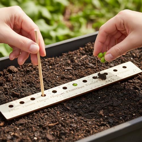 Garden Seed Spacer Planting Ruler Set - Wooden Interval Ruler & 2 Dibbler Tools for Precise Seeding, 3 Piece Set