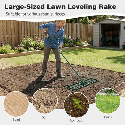 36" x 10" Lawn Leveling Rake, Heavy Duty Landscape Rake with 69" Handle, Non-Slip Grip & Flat Head, Space-Saving Lawn Level Tool for Garden, Backyard, Golf Course & Sports Field (Green) - color: Green