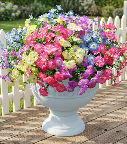 Artificial Flowers Fake Plants for Outdoors Decoration, 12 Bundles Silk Morning Glory with Eucalyptus Realistic UV Resistant Faux Flowers for Outside Planter Porch Yard Patio Garden Home Indoor, Mix - color: 4 Gradient Mixed Color (3 Pink, 3 Yellow, 3 Pur