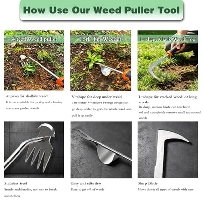 3 Pack Manual Garden Weeder Tool, Stainless Steel Weed Puller, Anti-Slip Rubber Handle Weed Remover for Lawn, Yard, Flower Beds & Outdoor Gardening