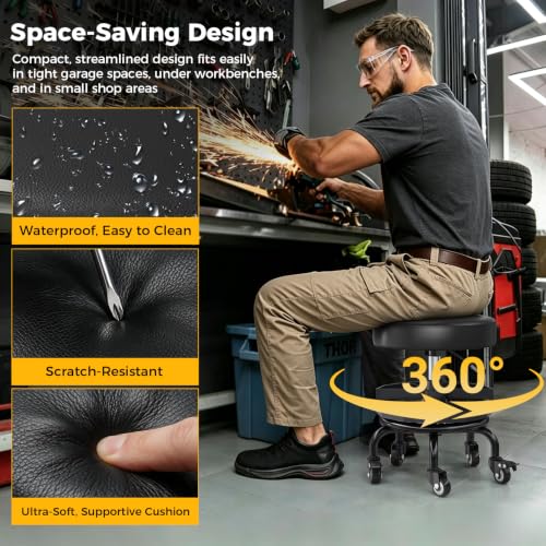 Rolling Shop Stool with Wheels,Mechanics Garage Work Stool,Dark - color: Dark