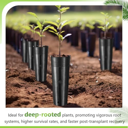 100 Pack Tall Tree Pot 11.8'' x 4.7'', Black Plastic Deep Nursery Pots, Soft Deep Seedling Pots for Seed Starting, Plant Starter Cups with Drainage Holes for Flowers, Cutting & Transplanting - size: 11.8'' X 4.7''