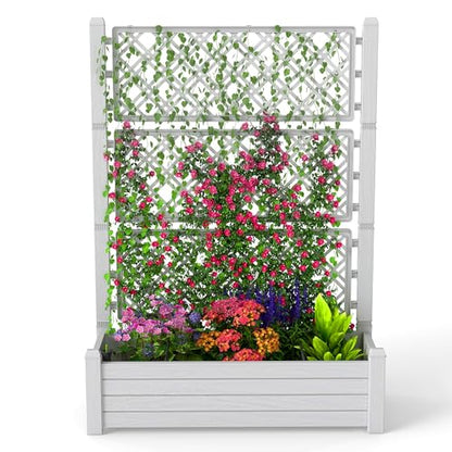 EasyUp Raised Garden Bed with Trellis for Climbing Plants, Outdoor Herb Planter Box with Drainage Plug & Water Gauge, Durable Resin for Patio, Balcony, Yard, Dust-Proof Garden Planter