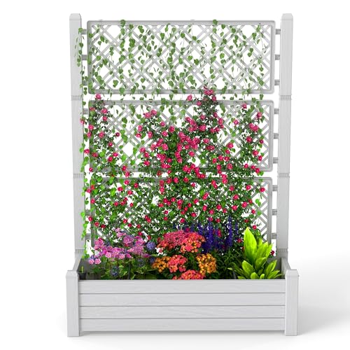 EasyUp Raised Garden Bed with Trellis for Climbing Plants, Outdoor Herb Planter Box with Drainage Plug & Water Gauge, Durable Resin for Patio, Balcony, Yard, Dust-Proof Garden Planter