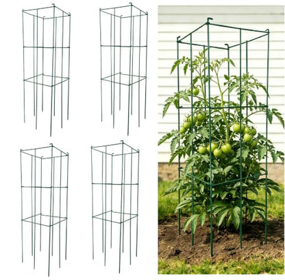 4 Pack 12x39 Inch High Green Folding Square Tomato Cages, Plant Cage Support Tomato Trellis Metal Plant Peony Cage - size: 39in Sq-Green-4Pack