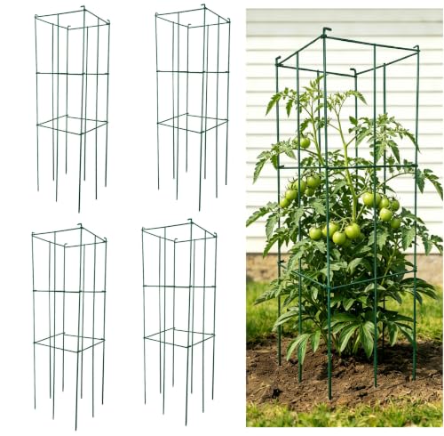 4 Pack 12x39 Inch High Green Folding Square Tomato Cages, Plant Cage Support Tomato Trellis Metal Plant Peony Cage - size: 39in Sq-Green-4Pack