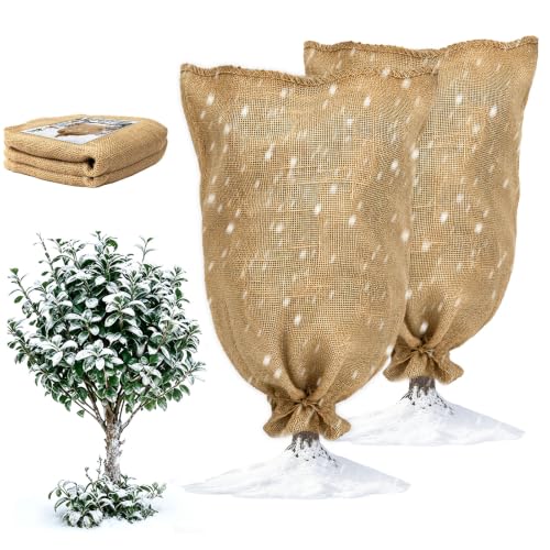 Burlap Fabric Plant Bags 2PCS 24" x 40", Reusable Winter Plant Covers for Freeze Protection, Breathable Frost Resistant Burlap Grow Bags with Drawstring, Heavy Duty Cold Weather Plant Protection - size: 2PCS-24" x 40"