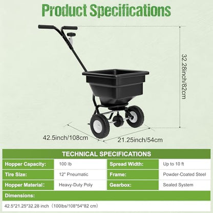 PPOLB Broadcast Spreader for Lawns, 100LB Fertilizer Spreader with 30-Level Flow Control, Walk Behind Lawn Seed & Salt Spreader, 0–10FT Coverage, Hopper Screen, Rain Cover, 12" Pneumatic Wheels - size: 100LBS