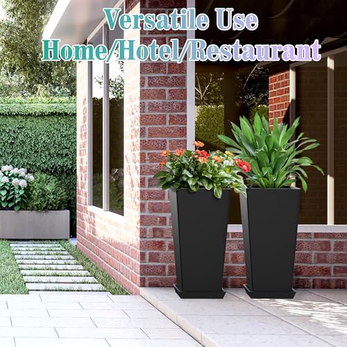 TUYOHW 24 Inch Tall Tapered Square Planters (Set of 2) - Indoor Outdoor Large Flower Pots with Built-in Drainage & Matching Water Tray for Patio, Garden, Home - Black - color: Black