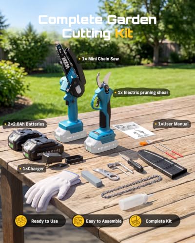 SEESII 2-in-1 Mini Chainsaw & Pruning Shears, 20V Brushless Motor Combo - color: Industrial Blue