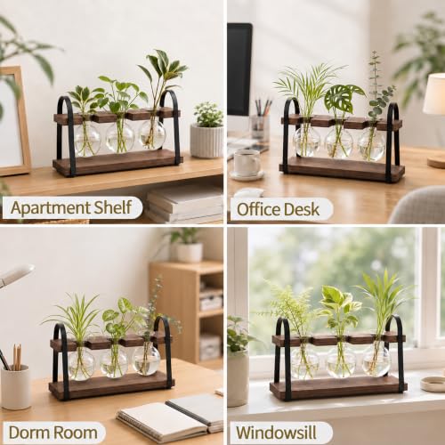 3-Bulb Plant Propagation Station, Glass Vase Terrarium, Brown - color: Brown