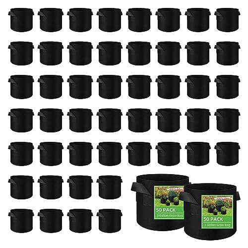 LITLANDSTAR 50 Pack 3 Gallon Plant Grow Bags, Breathable Felt Non-Woven Aeration Fabric Plant Grow Pots, Garden Planting Containers for Nursery Vegetable Flower Grow Bags with Handles (9.8x8.7nch) - size: 3 Gallon