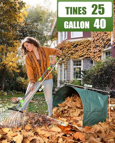63.4 Inch Adjustable 18 Tines Metal Leaf Rake Set with 40 Gal Dustpan Bags - style: Green Rake Set