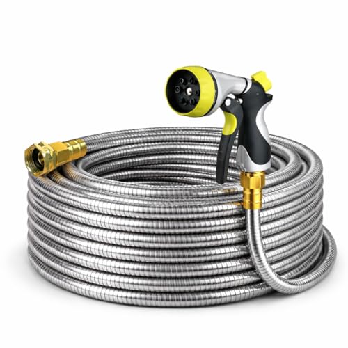 Metal Garden Hose 100 ft – 304 Stainless Steel Water Hose with Nozzle Sprayer, Garden Hoses Flexible, Lightweight, No Kink, Heavy Duty for Outdoor (100 ft) - size: 100 Feet