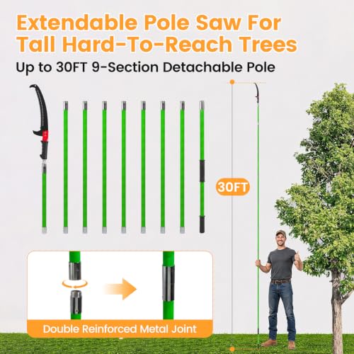 30 Ft Manual Pole Saw, Extendable Tree Pruner Pole Saw Kit with 9 Fiberglass Handles, Sharp Steel Blade and Scissors High Branch Cutting Tool for Garden Palm Shrub Fruit Tree Pruning - size: 30FT