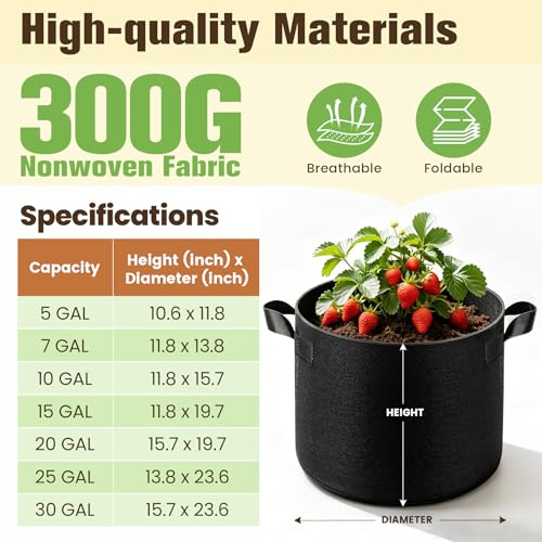 5-Pack 10 Gallon Grow Bags, Thickened Nonwoven Fabric Plant Pots with Handles, Heavy Duty 300G Garden Pots for Vegetables, Flowers and Fruit - color: Black, size: 10 Gallon