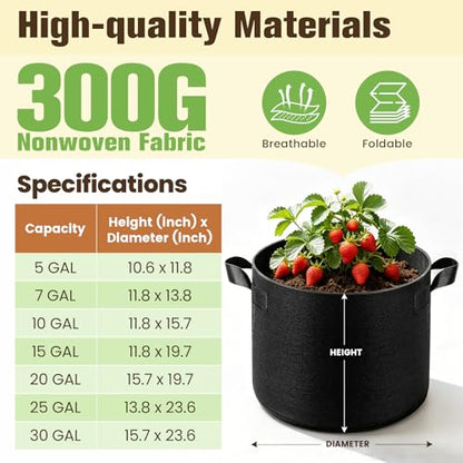 5-Pack 7 Gallon Grow Bags, Thickened Nonwoven Fabric Plant Pots with Handles, Heavy Duty 300G Garden Pots for Vegetables, Flowers and Fruit - color: Black, size: 7 Gallon