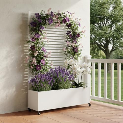 Metal Planter Box with Trellis Privacy Screen, Raised Garden Bed with Trellis & Wheels, Privacy Planters for Patio, Planter Box with Drainage Holes for Climbing Plants, 73"x 47"x 16", White - color: White, size: 73"x 47"x 16"