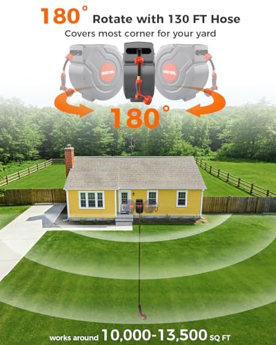 Retractable Garden Hose Reel 130 FT 1/2 Inch 180° Swivel Automatic Slow Return Any Length Lock Hose Reels for Outside 9 Pattern Sprayer Nozzle UV Resistant