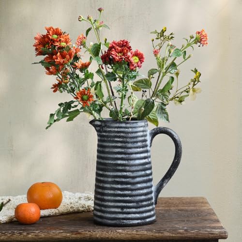 Quoowiit Ceramic Rustic Vase with Handle, Black Distressed Decorative Farmhouse Pitcher Vase for Home Decor Living Room Bedroom Kitchen Office Shelf Decor Centerpiece Table Decoration - color: 7 Inch Black Pitcher