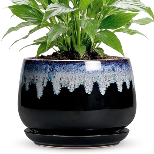 Ceramic Plant Pots 7 Inch - Ceramic Planter with Drainage Hole and Saucer, Decorative Flower Pots for Indoor Plants, Indoor Planter, House Garden Decor, Gifts for Plant Lovers, Black-Blue - size: 7 Inch, style: Black-blue